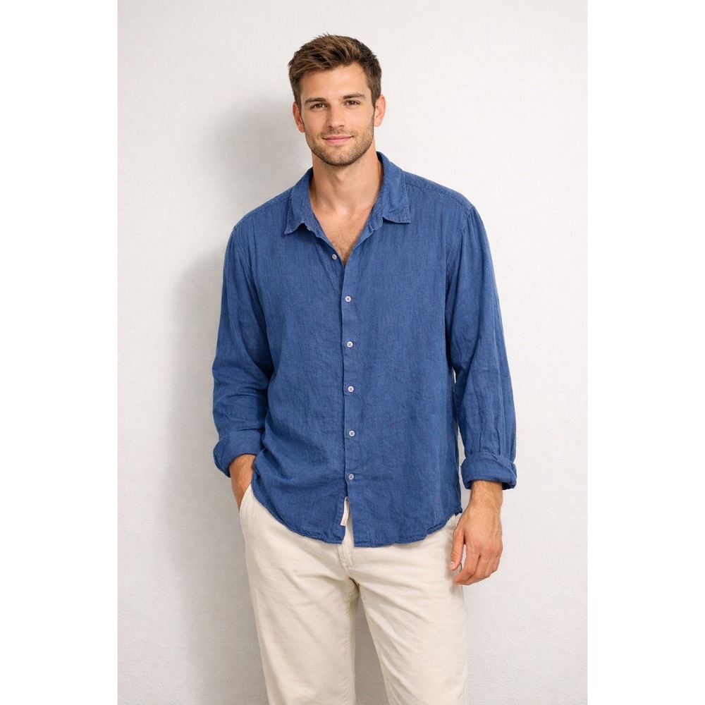 Onia Men Standard Long Sleeve Linen Shirt‎ Blue Size L